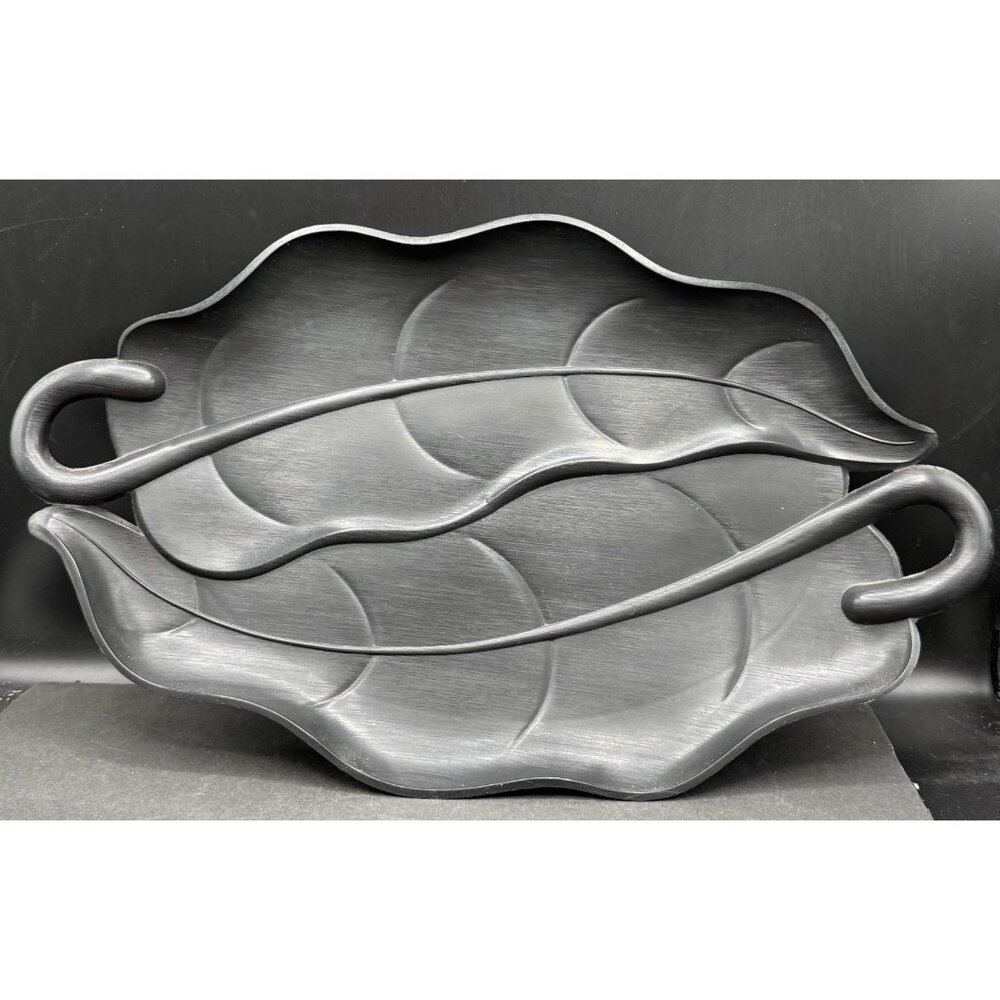 Vintage A Lucky Wish Black Banana Leaf Plastic Platter Serving Tray 19”